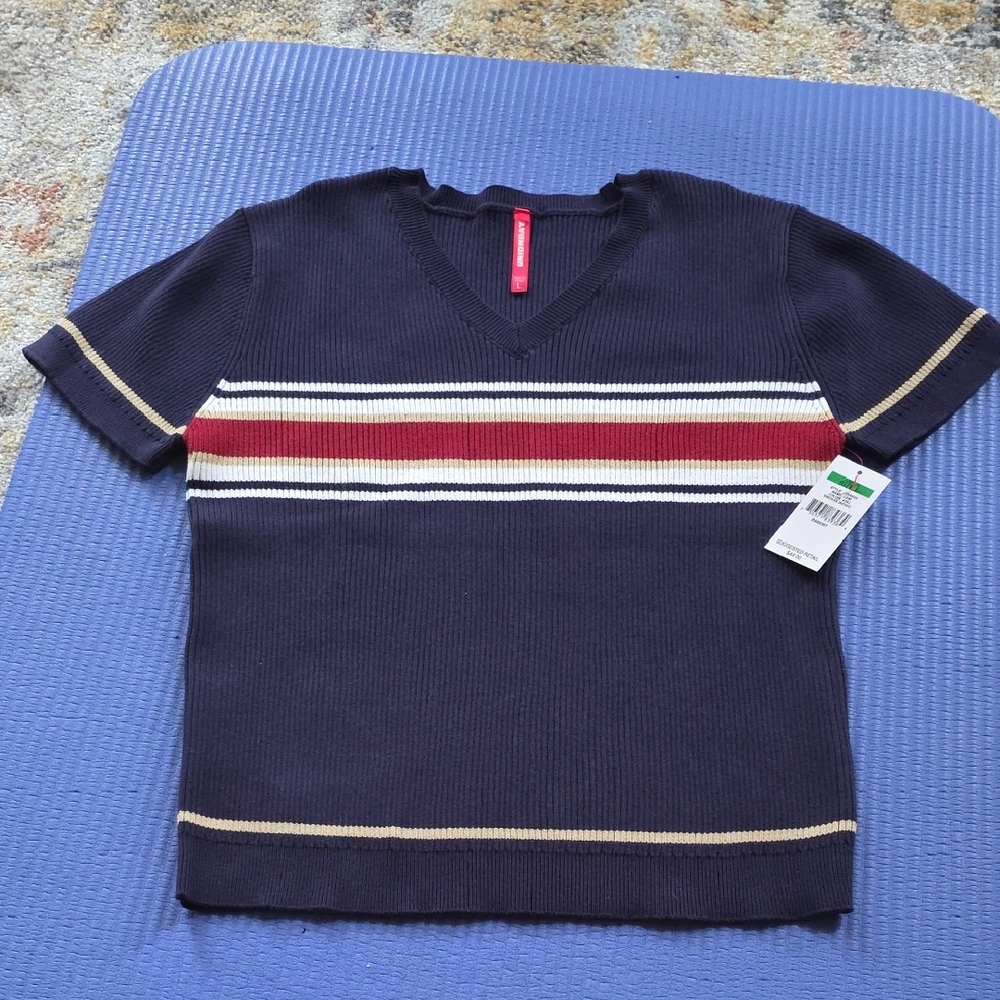 Womens UNIONBAY Navy V-Neck Short-Sleeve Sweater with Striped Chest